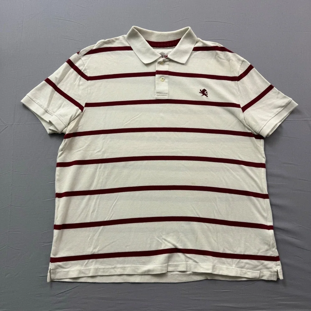 Express Classic Polo Men XXL Cream Burgundy Striped Short Sleeve Lion Logo Shirt